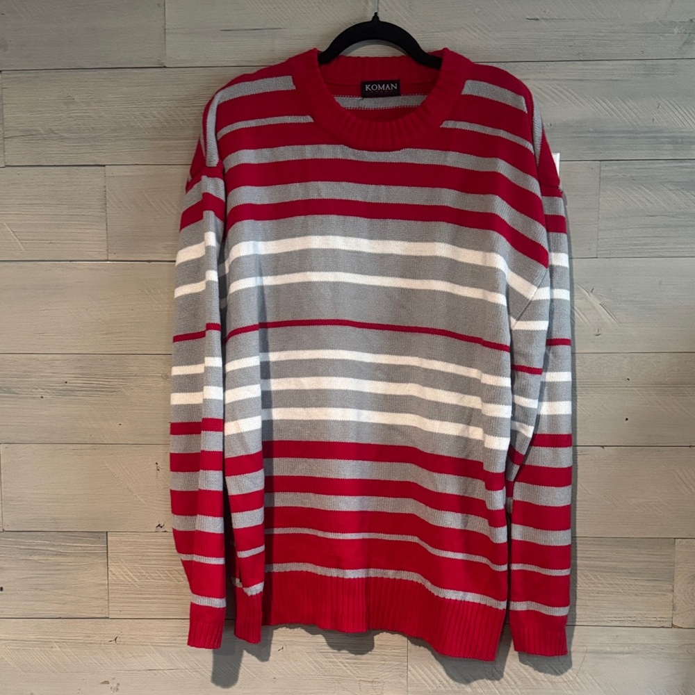 Koman Men's Striped Crewneck Sweater in Red and Gray‎